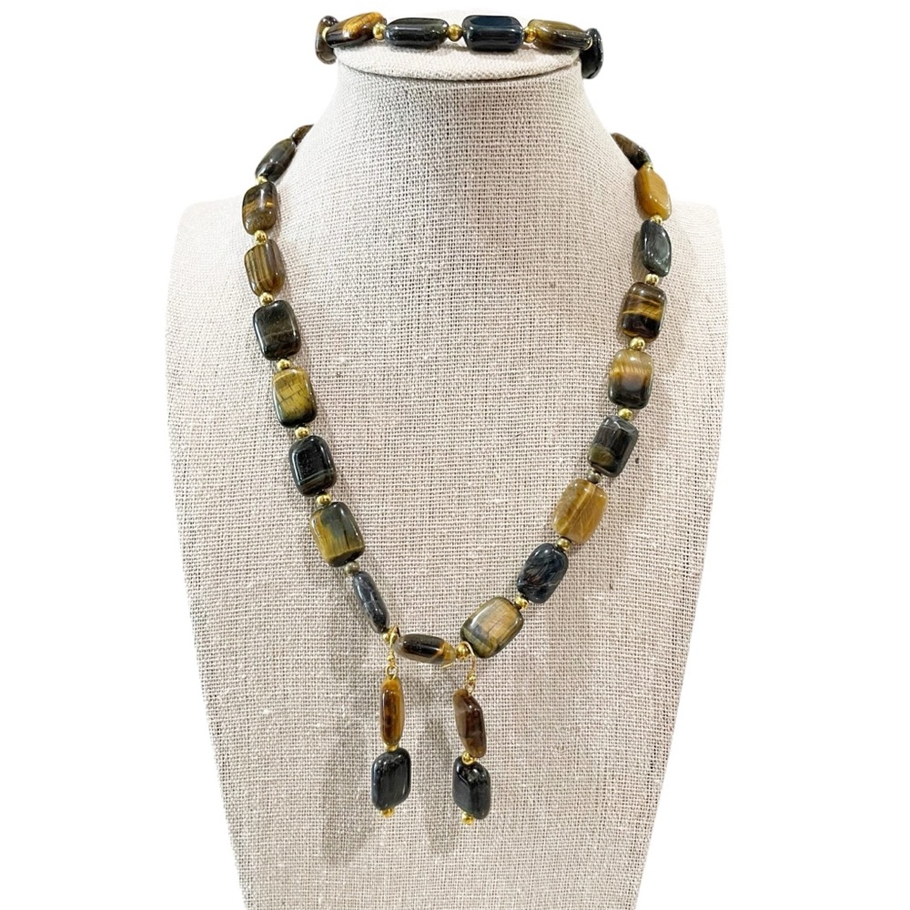 JTV Tiger’s Eye Necklace Bracelet And Earrings Set Brown Goldtone Womens